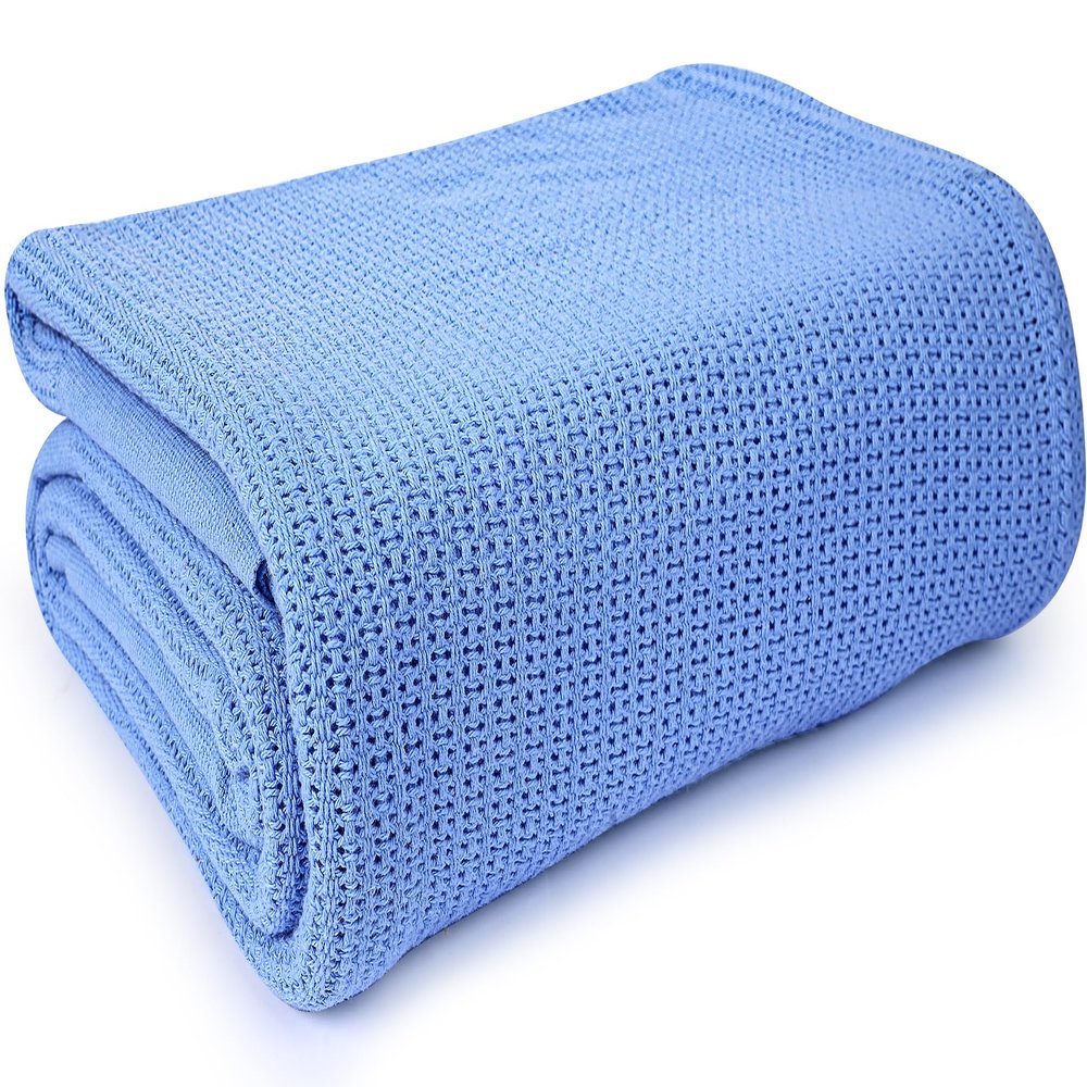 Linteum Textile Supply Blue Hospital Thermal Blanket 66x90 Inch 100% Cotton, Soft and Cozy, Breathable, Open-Cell Weave Design, All Season Twin Hospital Blanket (1-Pack)