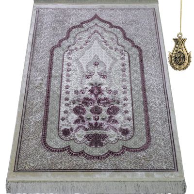 Modefa Turkish Islamic Velvet Prayer Rug - Prayer Mat Carpet for Men and Women - Traditional Muslim Janamaz Sajada - Ramadan or Eid Gift - with Car Hanger - Luxury Winter Rose (Pink/Gray)