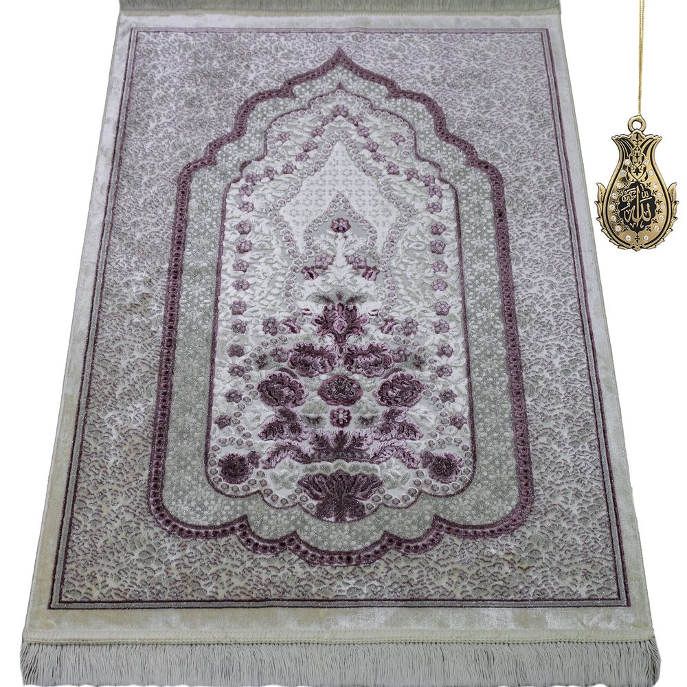 Modefa Turkish Islamic Velvet Prayer Rug - Prayer Mat Carpet for Men and Women - Traditional Muslim Janamaz Sajada - Ramadan or Eid Gift - with Car Hanger - Luxury Winter Rose (Pink/Gray)