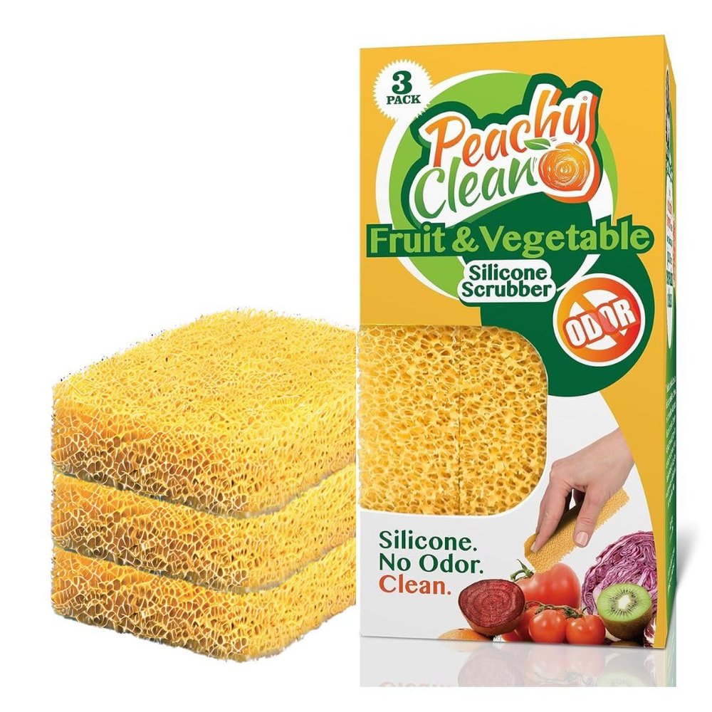 Peachy Clean Silicone Fruit & Vegetable Scrubber, Produce Cleaning Sponge, Reusable Food Scrubber for Fruits & Veggies, Made in USA (3-Pack)