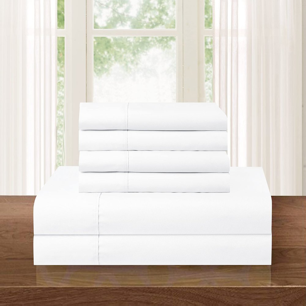 Luxurious Soft 1500 Premier Hotel Quality 6-Piece Bed Sheet Set Premium Hotel Quality Wrinkle and Fade Resistant Bedding Set, All around Elastic Fitted Sheet, Deep Pocket, Cali King, White