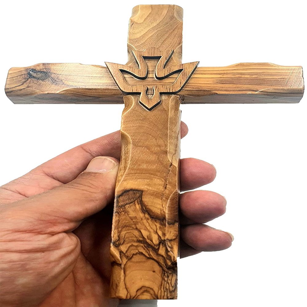 Zuluf 7.8" Olive Wood Dove Cross Wall Hanging Christian Holy Spirit Carved Jerusalem Gift Bedroom Decor CRS019