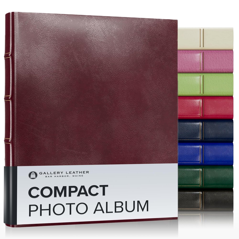 Gallery Leather Compact Photo Album for 4x6 Pictures, Holds 120 Photos, Premium Bonded Leather, 3-Ring Binder, Handcrafted, Made in USA, Acadia Burgundy - 9.25" x 8"