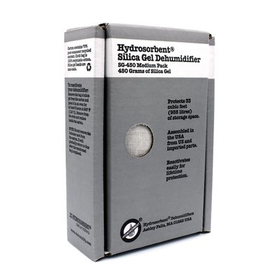 HYDROSORBENT Gun Safe Dehumidifier Rechargeable Silica Gel 450 Gram Carton. Moisture Absorber. Reusable Desiccant Dehumidifier for Gun Safe Made in USA Silica Gel Desiccant. 1 Unit - SG450