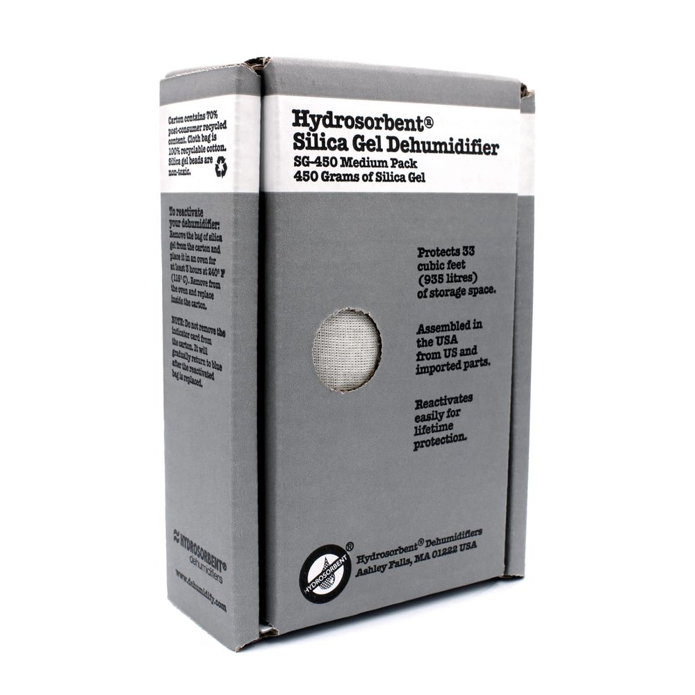 HYDROSORBENT Gun Safe Dehumidifier Rechargeable Silica Gel 450 Gram Carton. Moisture Absorber. Reusable Desiccant Dehumidifier for Gun Safe Made in USA Silica Gel Desiccant. 1 Unit - SG450