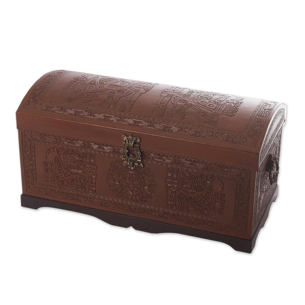 NOVICA Artisan Handmade Cedar Leather Chest Unique Traditional Tooled Covered Wood Brown Woodleather Peru Furniture Trunks Chests [16.25in H x 32in W x 15.75in D] ' Sun and Sky'