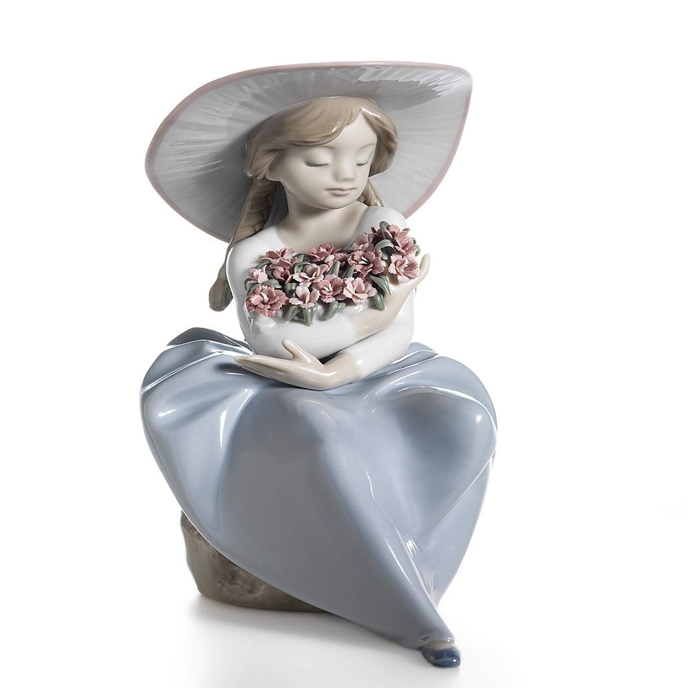 LLADR Fragrant Bouquet Girl Figurine. Porcelain Girl with Flowers Figure.