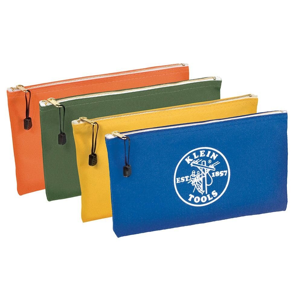 Klein Tools 5140 Canvas Zipper Bag, Tool Pouch, Bank Deposit Utility Bag, 12.5 x 7-Inch, Olive/Orange/Blue/Yellow 4-Pack