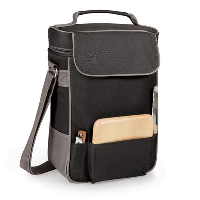 PICNIC TIME Duet Wine & Cheese Tote, Luxury 2 Bottle Insulated Wine Bag Set with Cheese Board, Knife, & Corkscrew, Adjustable Strap, and Pockets, Romantic Kit for Couples, (Black with Gray Accents)