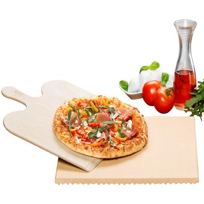 ROMMELSBACHER PS 16 Pizza/Bread Baking Stone Set - Natural Fireclay Stone, Food-Safe, 35 x 35 cm, Includes Wooden Scoop