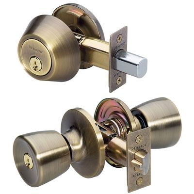 Master Lock Keyed Entry Door Lock, Single Cylinder Deadbolt with Matching Tulip Style Knob, Antique Brass, TUCO0605,Combo