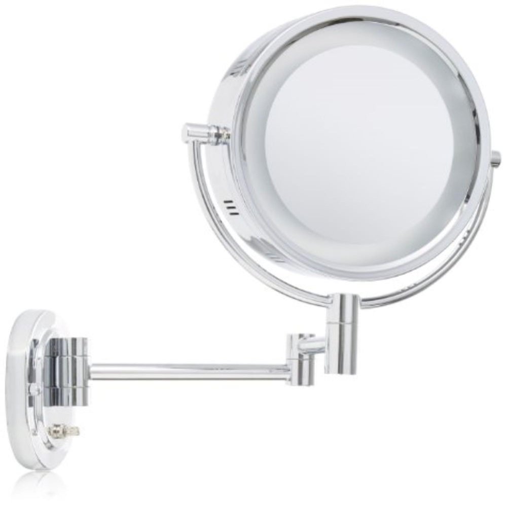 JERDON Wall-Mounted Makeup Mirror with 5X Magnification - Chrome Makeup Mirror with LED Lights - Plug in - HL65C