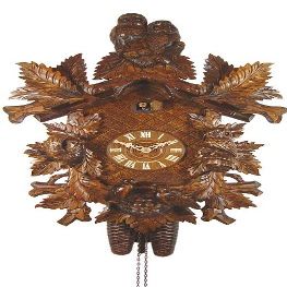 August Schwer Cuckoo Clock Owls, Birds with nest, Fern Leaves