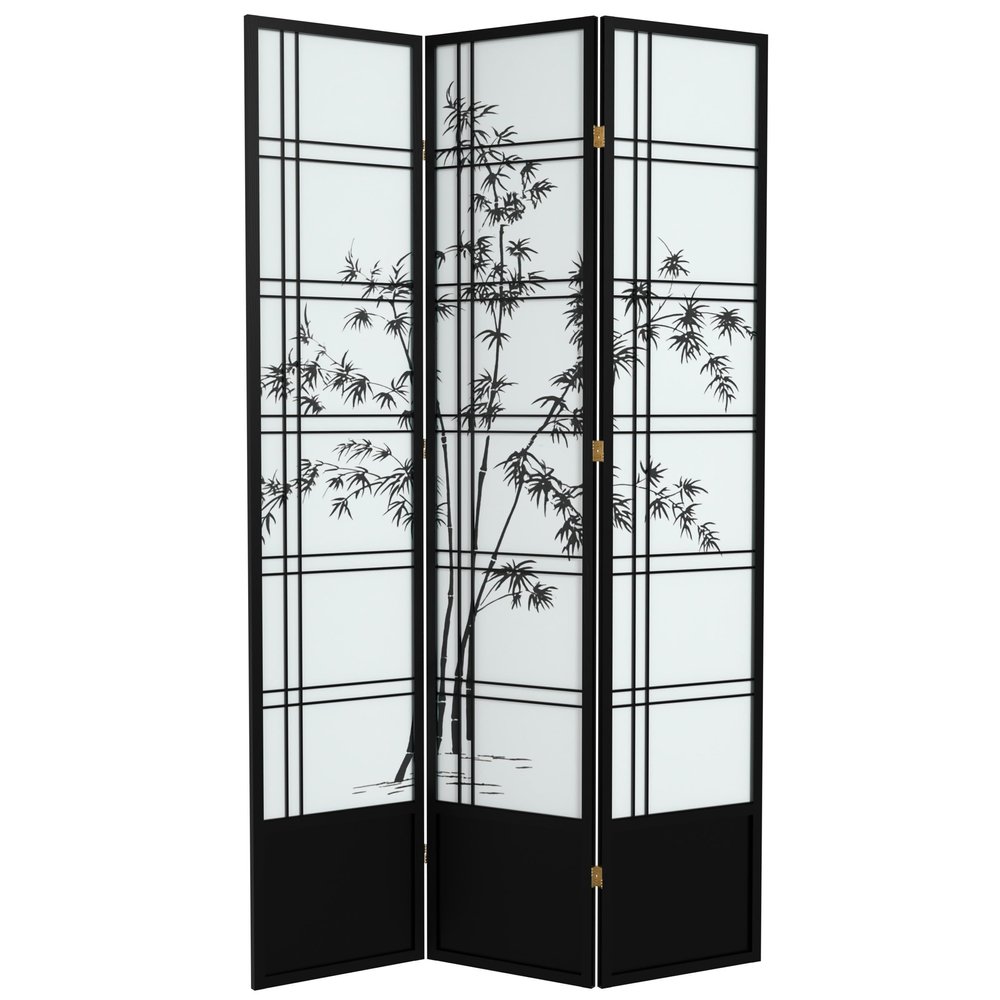 Red Lantern 7 ft. Tall Bamboo Tree Shoji Screen - Black - 3 Panels