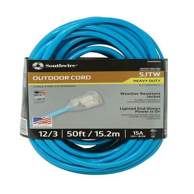 Southwire 02578SW000H 12/3 50-Foot Neon Outdoor Extension Cord (Bright Blue)