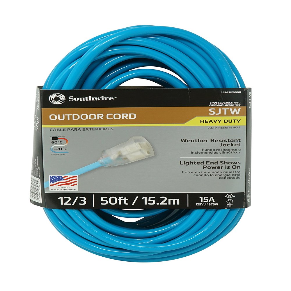 Southwire 02578SW000H 12/3 50-Foot Neon Outdoor Extension Cord (Bright Blue)