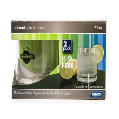 Camco Unbreakable Travel Tumbler Glass- 7 Ounce, Dishwasher Safe, BPA Free, Perfect For Picnics, Cookouts, and The Beach - Set of 2 (43871), Clear