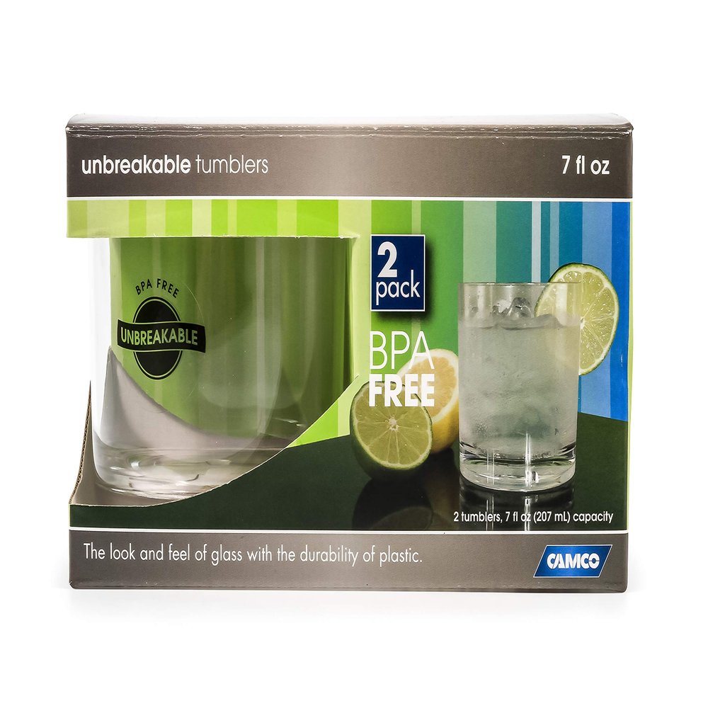 Camco Unbreakable Travel Tumbler Glass- 7 Ounce, Dishwasher Safe, BPA Free, Perfect For Picnics, Cookouts, and The Beach - Set of 2 (43871), Clear