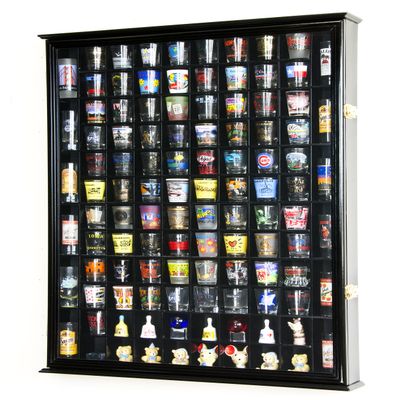 108 Shot Glass Shotglass Shooter Display Case Holder Cabinet Wall Rack 98% UV Lockable Door -Black