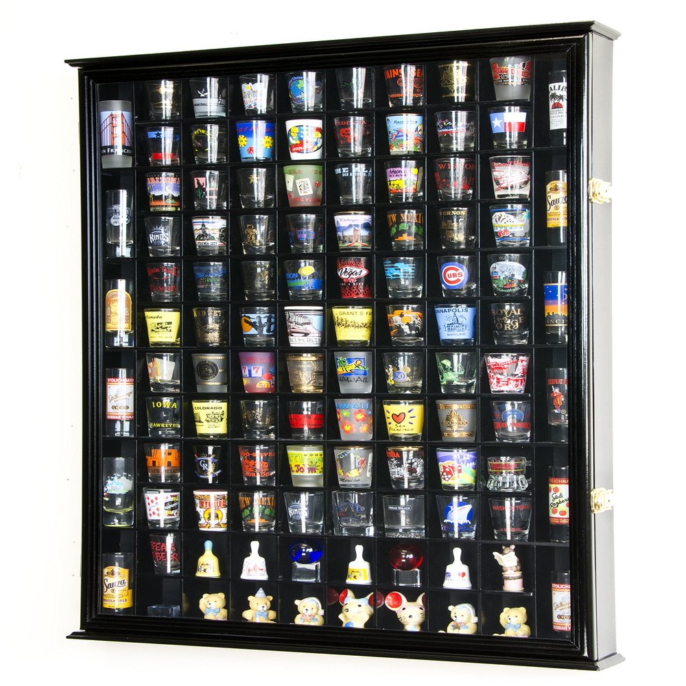 108 Shot Glass Shotglass Shooter Display Case Holder Cabinet Wall Rack 98% UV Lockable Door -Black