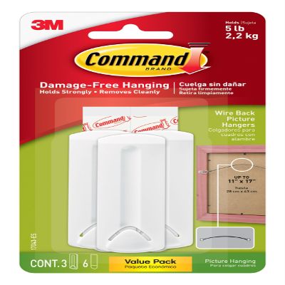 Command 5 lb Wire Back Picture Hangers, 3 Wire Back Hangers and 6 Command Strips, Damage-Free Hanging Wire Back Frames, No Tools Wall Hooks for Christmas Decorations, Holds up to 11"x17"