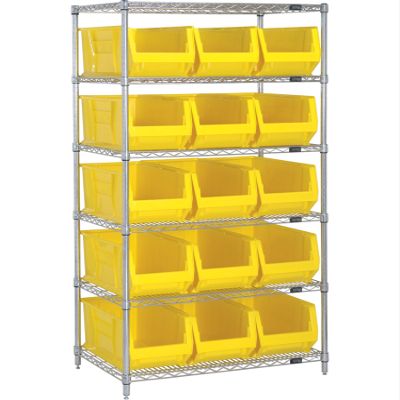 Quantum Storage Systems WR6-953YL 6-Tier Complete Wire Shelving System with 15 QUS953 Yellow Hulk Bins, Chrome Finish, 24" Width x 36" Length x 74" Height