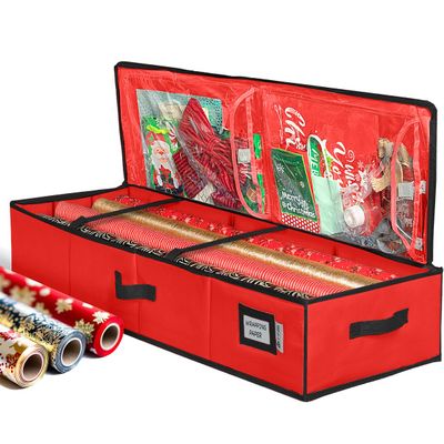 HOLDN STORAGE Premium Wrapping Paper Storage Container - Durable 600D Tear-Proof, Fits 27 Rolls Gift Wrap, Extra Pockets for Ribbons & Bows, Underbed Storage - Ideal for Holiday Christmas, Red