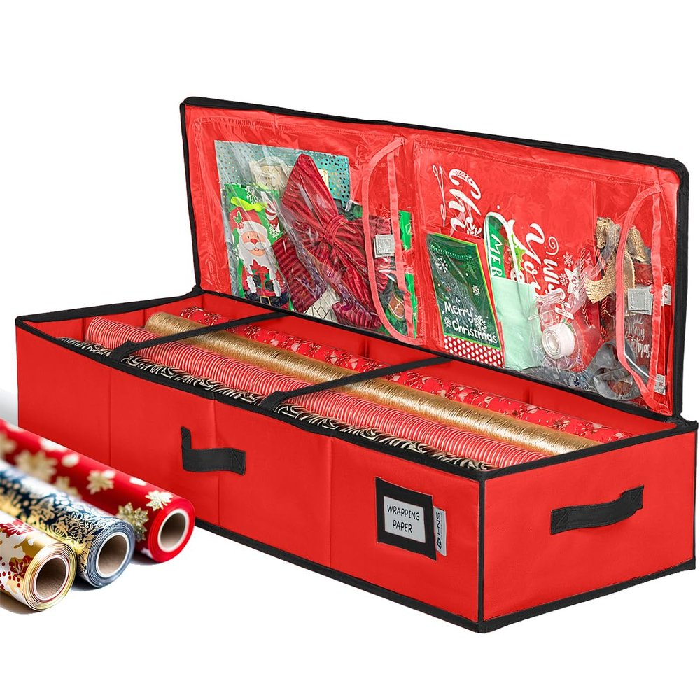 HOLDN STORAGE Premium Wrapping Paper Storage Container - Durable 600D Tear-Proof, Fits 27 Rolls Gift Wrap, Extra Pockets for Ribbons & Bows, Underbed Storage - Ideal for Holiday Christmas, Red