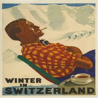 WONDERFULITEMS WINTER IN SWITZERLAND COFFEE BREAK SKI DOWNHILL SKIING WINTER SPORTS 12" X 16" IMAGE SIZE VINTAGE POSTER REPRO ON MATTE PAPER. ski14