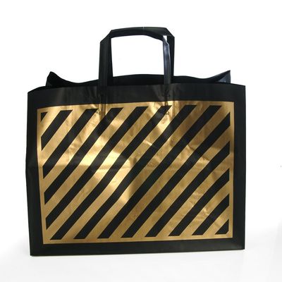 Plastic Shopping Bags, 250pcs"VOGUE" Size: 16x6x12x6, 3 Mil, Flexi-Loop Handle Black Bags with Gold Stripes, 57.9 Cents Per Bag, 144.99 per case.