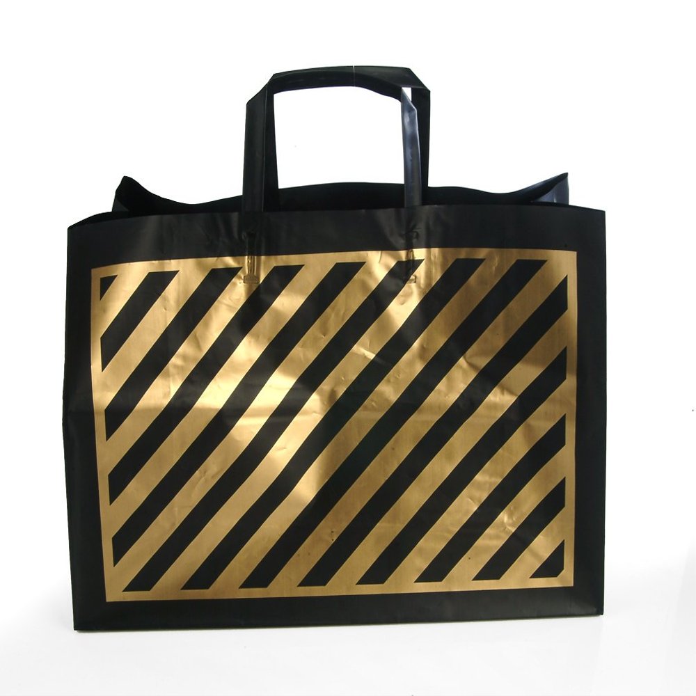 Plastic Shopping Bags, 250pcs"VOGUE" Size: 16x6x12x6, 3 Mil, Flexi-Loop Handle Black Bags with Gold Stripes, 57.9 Cents Per Bag, 144.99 per case.