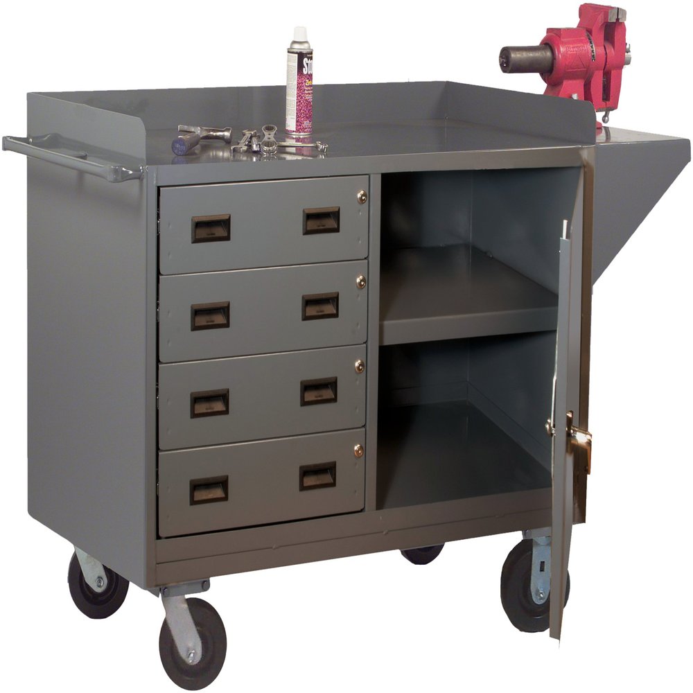 Durham 14 Gauge Welded Steel Mobile Bench Cabinet with 4 Drawers, 3401-95,1 Shelf