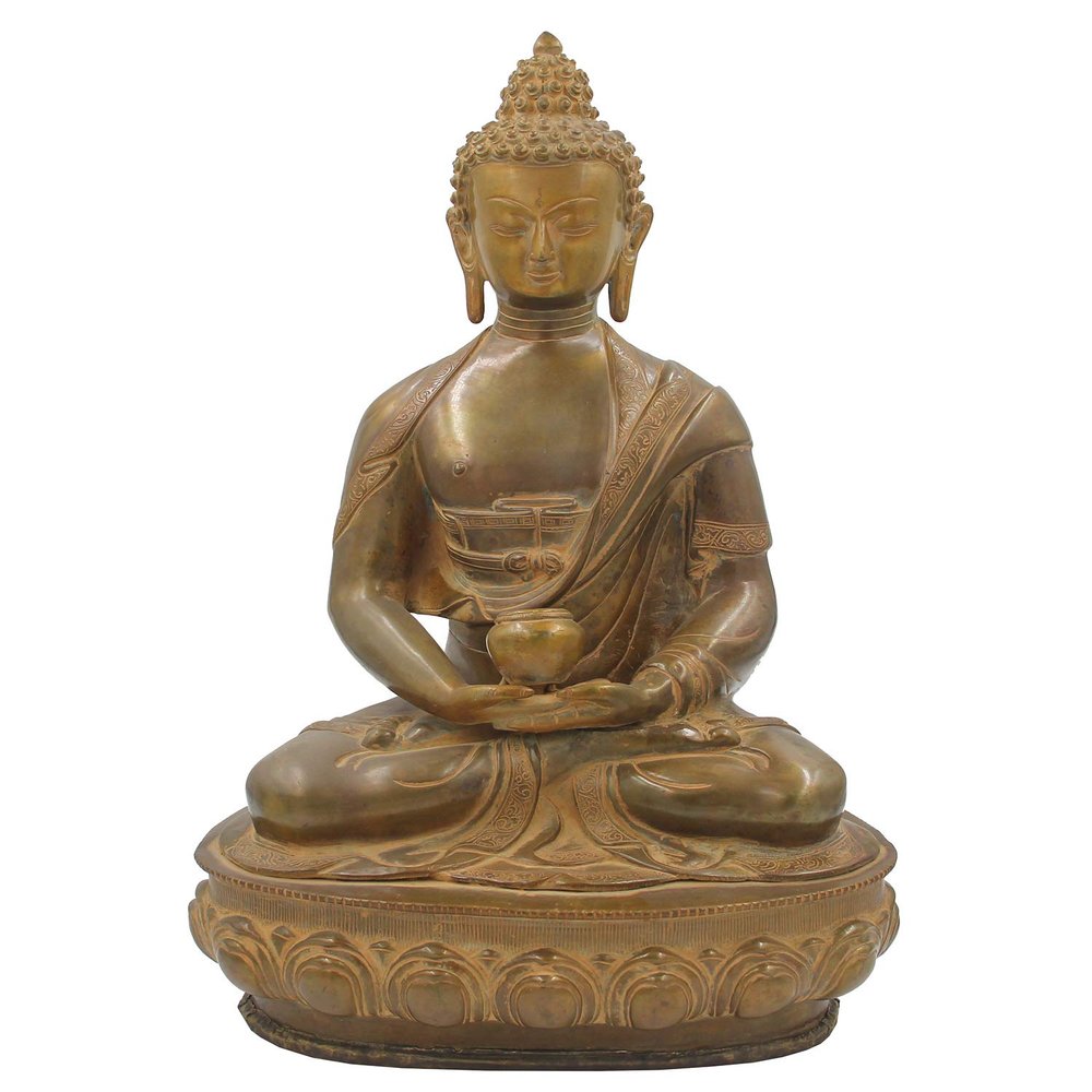 DharmaObjects Buddha Meditation Statue on Lotus Copper Finish Brass 17.5 Inches Tall