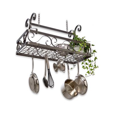 Handcrafted Dcor Basket Rack w 12 Hooks Hammered Steel