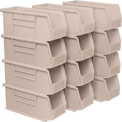 Akro-Mils 30224 AkroBins Plastic Storage Bins, Space-Saving Stackable Bins for Garage, Pantry, Craft Organization, 11" L x 4" W x 4" H, Stone, 12-Pack