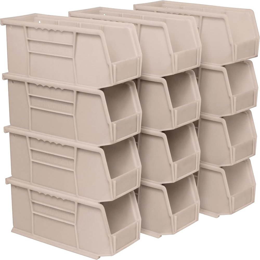 Akro-Mils 30224 AkroBins Plastic Storage Bins, Space-Saving Stackable Bins for Garage, Pantry, Craft Organization, 11" L x 4" W x 4" H, Stone, 12-Pack