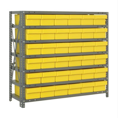 Quantum 2439-603YL Heavy Duty Shelving Unit with (7) Shelves and (36) QED603 Yellow Bins for Industrial Warehouse Storage Distribution | 400 lbs Capacity | 24"D x 36"L x 39"H, Galvanized Carbon Steel