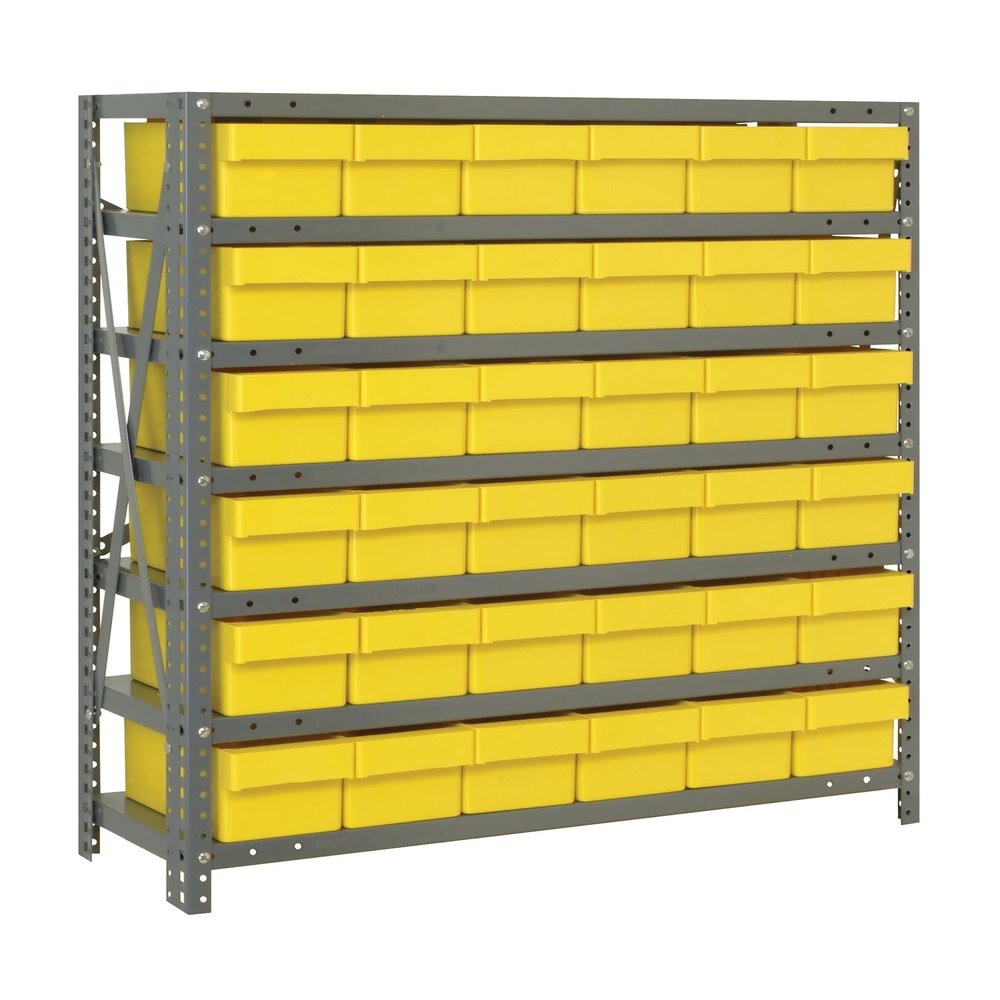 Quantum 2439-603YL Heavy Duty Shelving Unit with (7) Shelves and (36) QED603 Yellow Bins for Industrial Warehouse Storage Distribution | 400 lbs Capacity | 24"D x 36"L x 39"H, Galvanized Carbon Steel