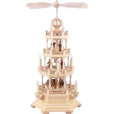Mller German Christmas Pyramid Erzgebirge Motif, 3-Tier, Height 63 cm / 25 inch, Natural, Electrical Illuminated and Driven (120V, 50Hz for USA and Japan), Original Erzgebirge by Mller Seiffen
