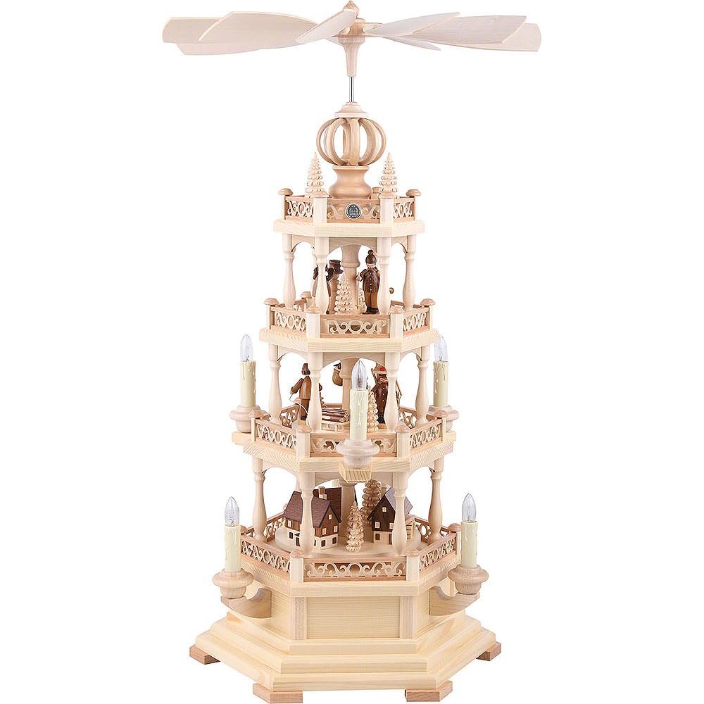 Mller German Christmas Pyramid Erzgebirge Motif, 3-Tier, Height 63 cm / 25 inch, Natural, Electrical Illuminated and Driven (120V, 50Hz for USA and Japan), Original Erzgebirge by Mller Seiffen