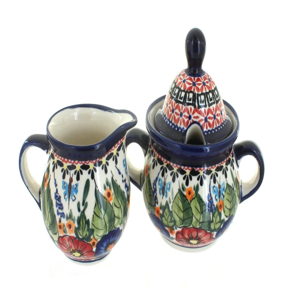 Blue Rose Polish Pottery - Red Floral Butterfly Cream & Sugar Set - 1 Cup Creamer - Hand-Painted Polish Pottery Ceramic Creamer & Sugar Bowl with Lid