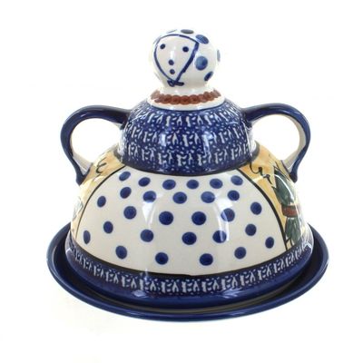 Blue Rose Polish Pottery - Blue Grapes Cheese Lady with Cobalt Trim - 7.5" Diameter - Polish Pottery Ceramic Cheese Keeper with Lid, Decorative Butter or Cheese Dish
