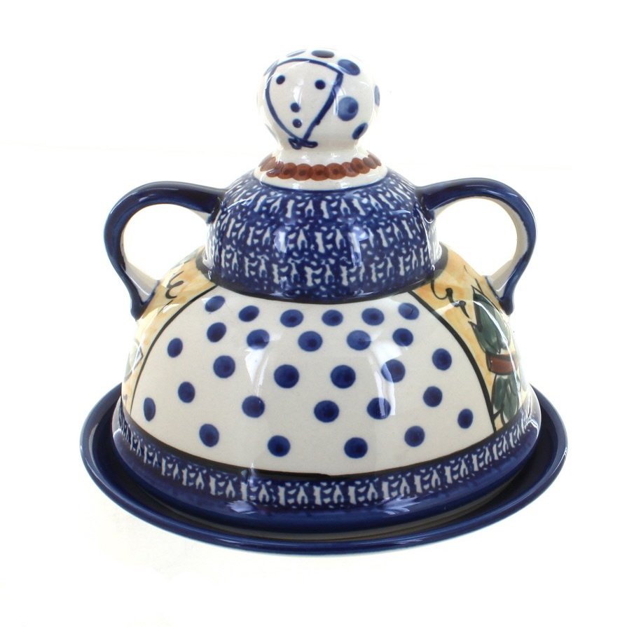 Blue Rose Polish Pottery - Blue Grapes Cheese Lady with Cobalt Trim - 7.5" Diameter - Polish Pottery Ceramic Cheese Keeper with Lid, Decorative Butter or Cheese Dish
