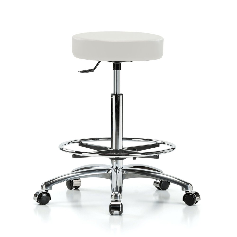 Perch Chrome Rolling Single Lever Height Adjustable Swivel Stool (Off-White Vinyl, Counter Height 24-34" with Footring)