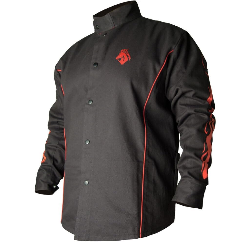 BLACK STALLION BSX FR Welding Jacket - Black w/Red Flames - MEDIUM