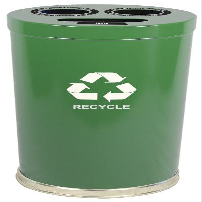 Witt Industries 15RTGN Steel 24-Gallon 3 Opening Recycling Container with 3 Plastic Liners, Legend "Recycle", Round, 15" Diameter x 32" Height, Green