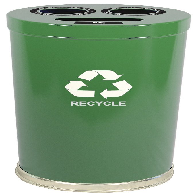 Witt Industries 15RTGN Steel 24-Gallon 3 Opening Recycling Container with 3 Plastic Liners, Legend "Recycle", Round, 15" Diameter x 32" Height, Green