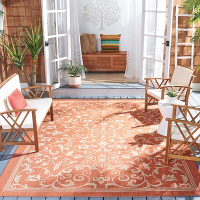 SAFAVIEH Washable Rug Outdoor Courtyard Collection - 7'10" Square, Terracotta & Natural, Non-Shedding & Easy Cleaning, Ideal for Patio, Backyard, Mudroom (CY2098-3202)