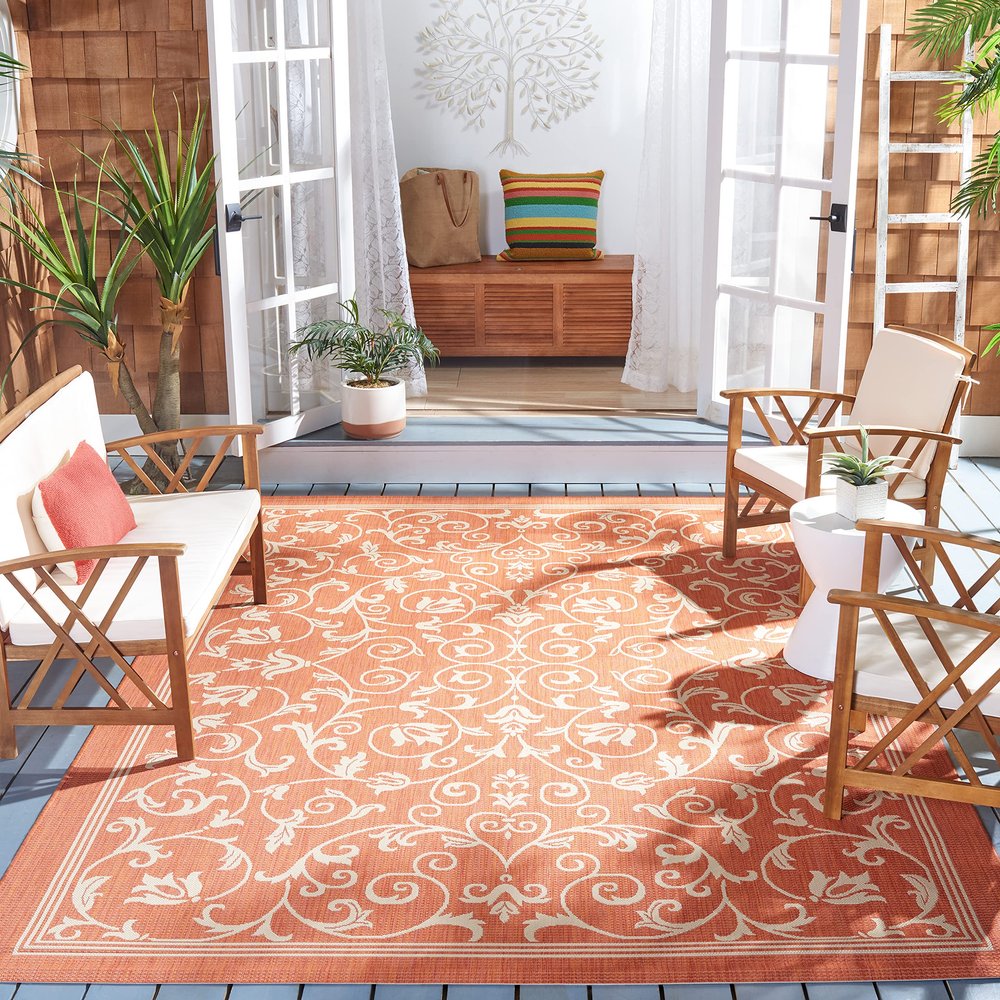 SAFAVIEH Washable Rug Outdoor Courtyard Collection - 7'10" Square, Terracotta & Natural, Non-Shedding & Easy Cleaning, Ideal for Patio, Backyard, Mudroom (CY2098-3202)