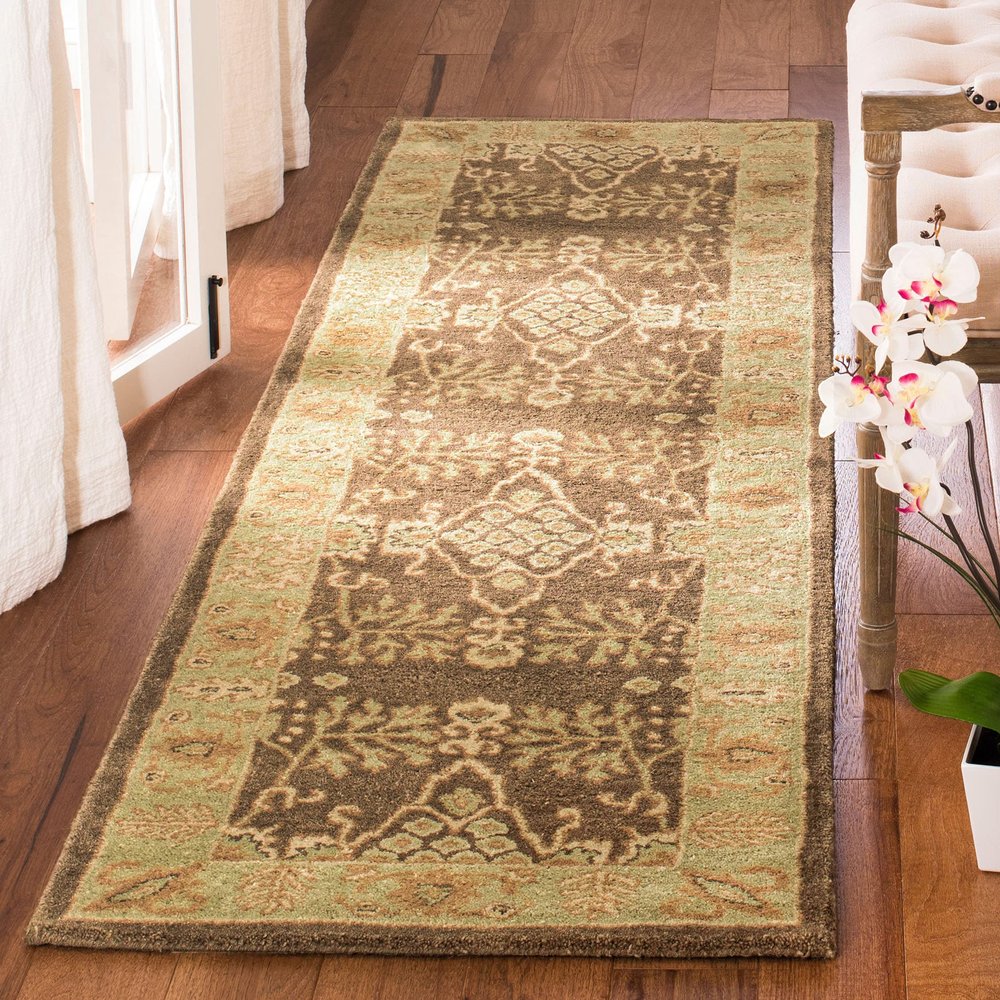 SAFAVIEH Bergama Collection 2'3" x 10' Brown / Green BRG190B Handmade Traditional Oriental Premium Wool Runner Rug